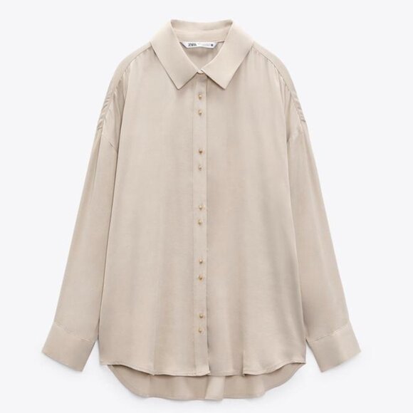 Zara Oversized Satin Effect Shirt, Size L, Stone/Beige - Picture 1 of 6
